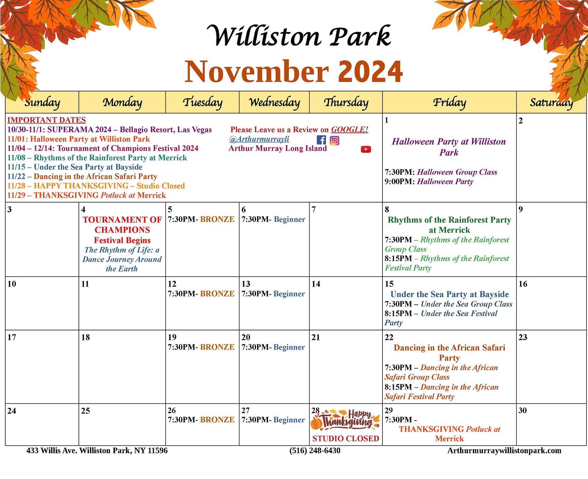 Arthur Murray Williston Park November 2024 Calendar