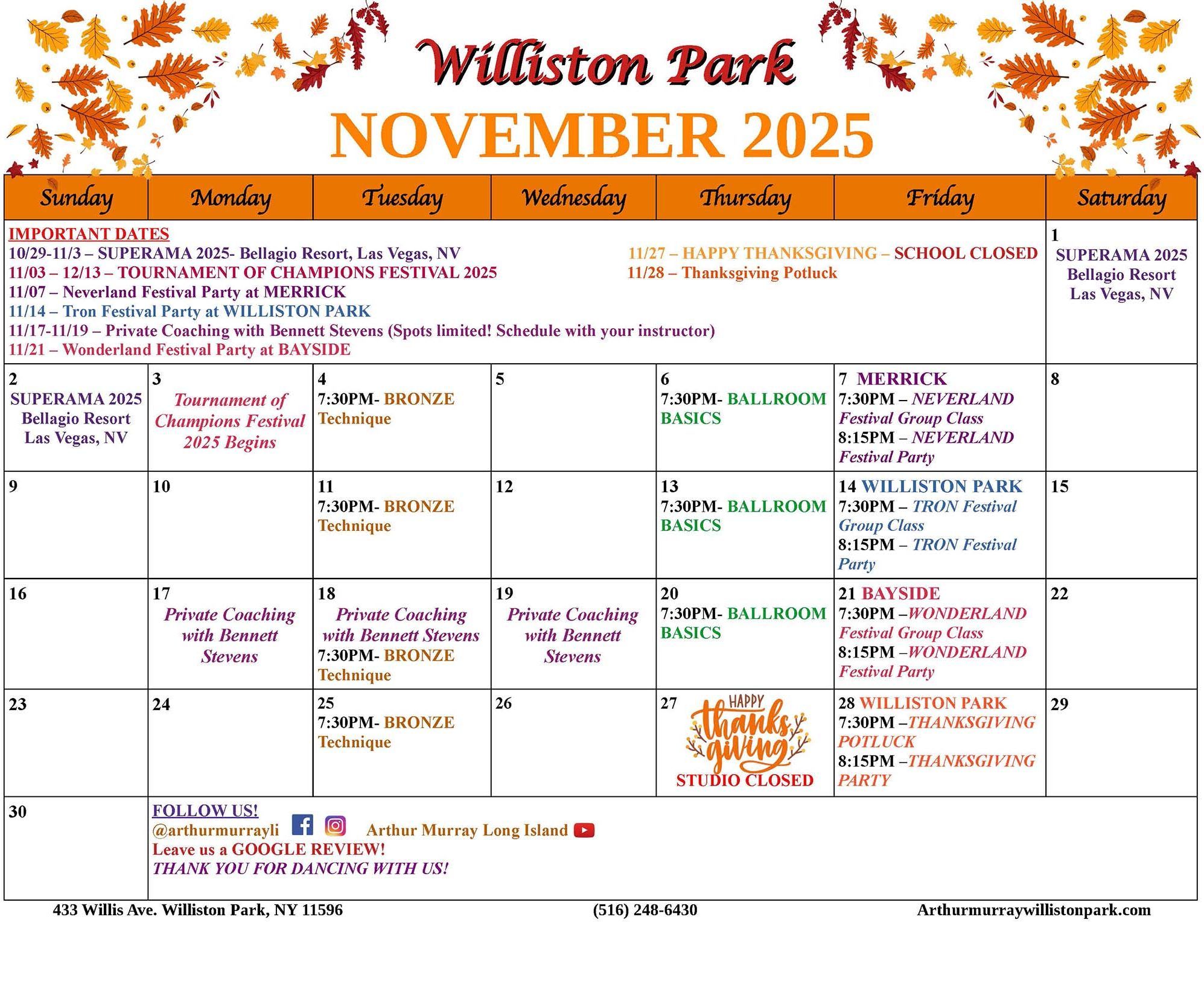 Williston Park November Calendar